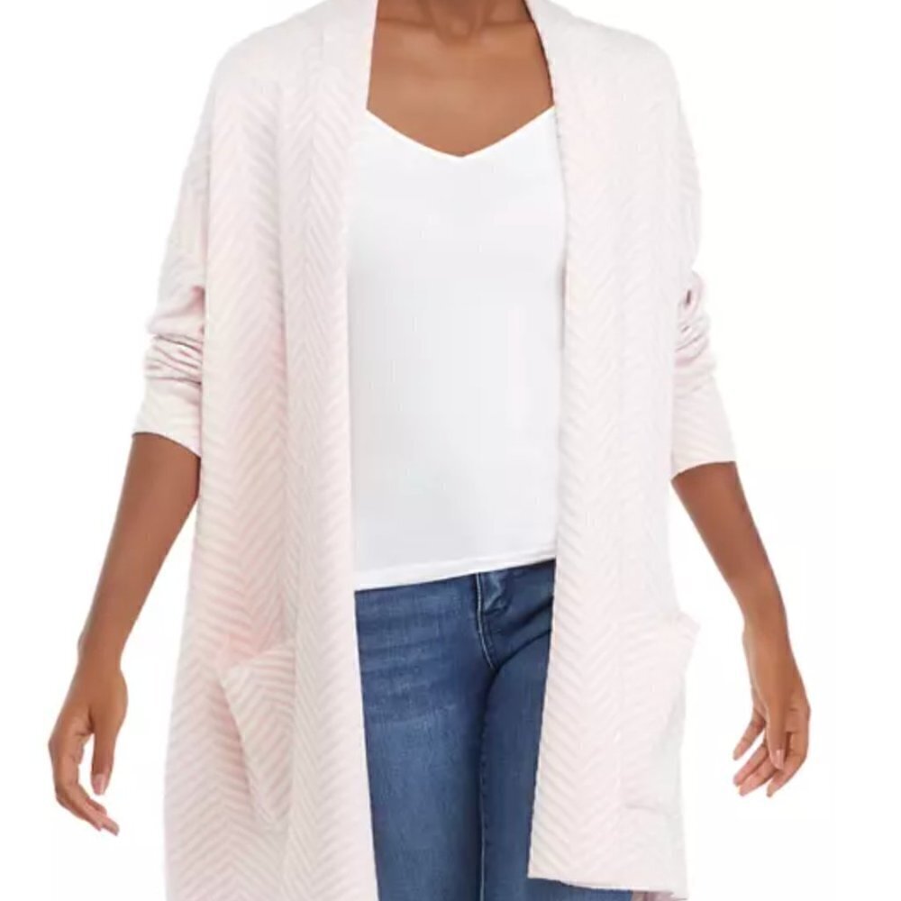 52seven Women's Size Medium Herringbone Cardigan Potpourri Cream Pockets 96642BK